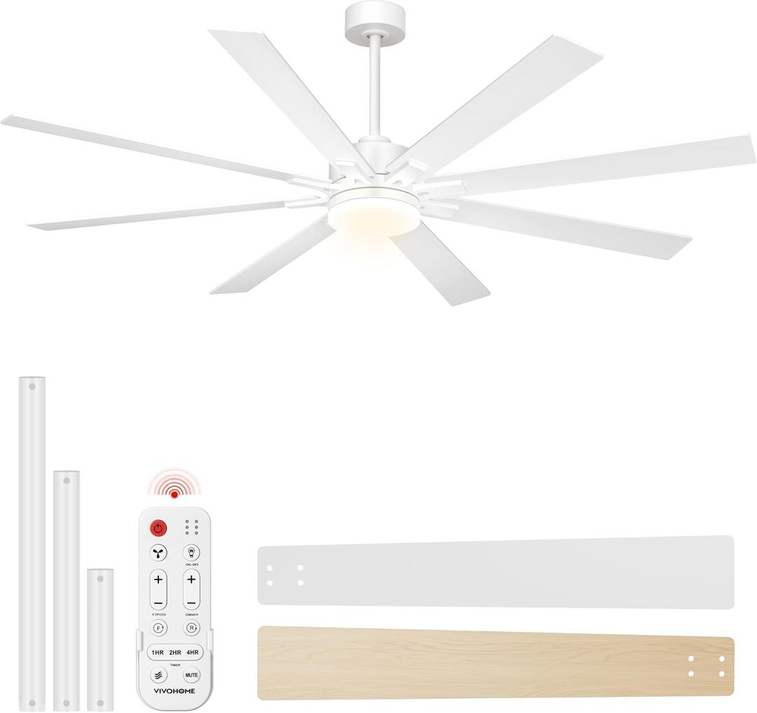 VIVOHOME 72 inch Ceiling Fans with Lights, Flush Mount Large Ceiling Fan with Remote Outdoor Indoor, for Living Room, Bedroom, Patios, 6+1 Speeds Reversible, 3CCT, Dimmable, Timer, White