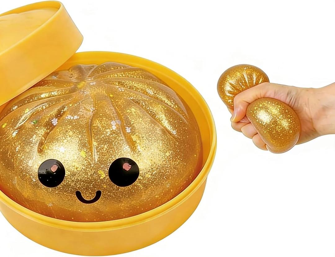 Glitter Dumpling, Glitter Dumpling Squishy with Box, Dumplings Sensory Squeeze Toy for Stress Relief (Gold)