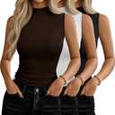 Xaatren 3 Pack Women's Sleeveless Mock Turtlenecks Shirts, Ribbed Stretch Slim Fitted Tank Top Basic Lightweight Bustier Tee, Size Small