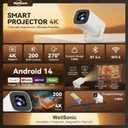 Mini Projector with Wifi and Bluetooth, Build-in Android 14, Portable Projector Outdoor&Ceiling Use, Auto Keystonet&270°Rotatable, 200 Ansi, 4k Home Thearter Movie Projector for HDMI USB