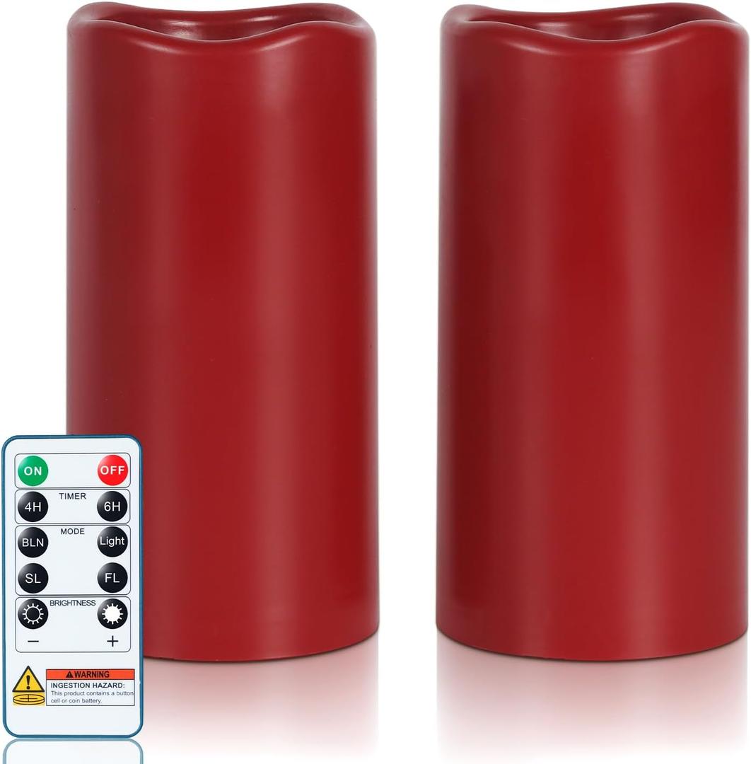 Amagic 3"x6" Red Flameless Candles with Remote, Christmas Battery Operated Candles with Timer, Waterproof LED Pillar Candles for Thanksgiving Table, Home, Outdoor Decor, Plastic, Set of 2