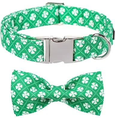 Maca Bates St. Patrick's Day Shamrock Dog Collar,Fancy Bow Tie,Medium Girl Boy Dogs, Checkered Lucky Clover Pattern,Adjustable Durable Soft Checkered Collars Irish Gift for Male Female Puppy
