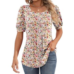 Ficerd Women's Puff Short Sleeve Tunic Tops Pleated Crew Neck Summer Blouses Dressy Casual Loose T Shirts (Large, Floral White Red)