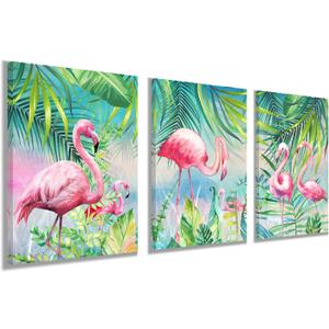 YUANAND Flamingo Wall Decor Animal Pictures - Palm Green Tropical Plant for Kids Girls Room Decor - Framed Posters Paintings Bedroom Decor (16"L x 12"W)