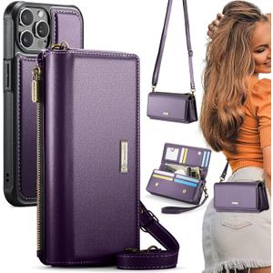 CaseMe for iPhone 15 Pro Max Wallet Case with RFID Blocking Card Holder for Woman, 2-in-1 Slim Detachable Phone Cases & PU Leather Crossbody Strap Zipper Purse Bag for iPhone 15 Pro Max 6.7", Purple
