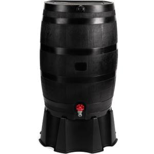 RTS Home Accents 50-Gallon ECO Rain Barrel Made with 100% Recycled Plastic, Flat Back Rain Water Collection Barrel, Stand Included, Black