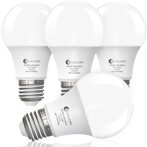 Evelor A19 LED Light Bulbs,60 Watt Equivalent Daylight 5000K with E26 Base,Efficient 9W,800 Lumens Non-Dimmable LED Bulbs,15000 Hours, Ideal for Bedroom Living Room, 4-Packs