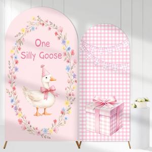 2PCS One Silly Goose Arch Backdrop Cover for Girl One Silly Goose 1st Birthday Decor 6ft 7.2ft Stretchy Spandex Pink Gingham One Silly Goose Arch Backdrop Stand Cover for Girl First Birthday Supplies
