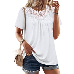 WIHOLL Womens Tops Short Sleeve Lace Shirts Summer Spring Tops Boho Trendy Beach Vacation Clothes Loose Fit (White, M)