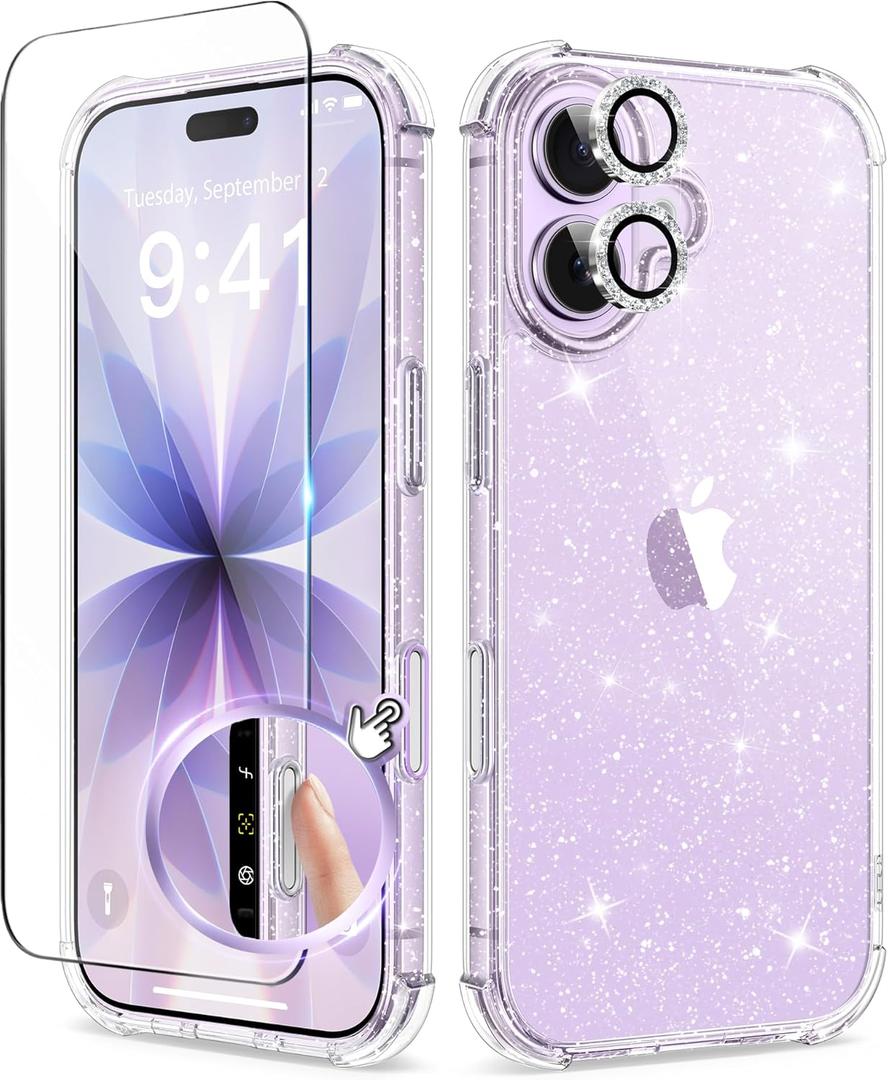 BERFY for iPhone 17 Case for Women, Clear Glitter Shockproof Protective Case, Anti-Yellowing, with Screen Protector & Camera Lens Protector 6.3", Diamond Sparkle Clear