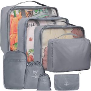 8 Set Packing Cubes for Suitcases, kingdalux Grey Travel Luggage Packing Organizers with Laundry Bag, Compression Storage Shoe Bag, Clothing Underwear Bag, for Women & Man