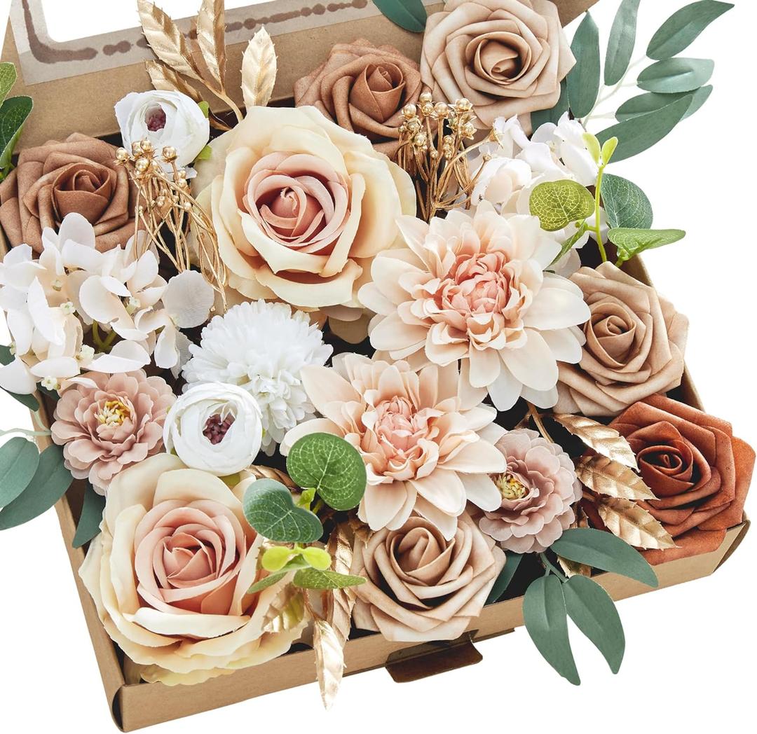 MISSPIN Artificial Flowers DIY Box Set Fake Roses Bouquet Bridal Wedding Flowers Colorful Centerpiece Table Decorations Boho Faux Floral with Stems Arrangements for Cake Home Party Indoor Outdoor (Nude Color)