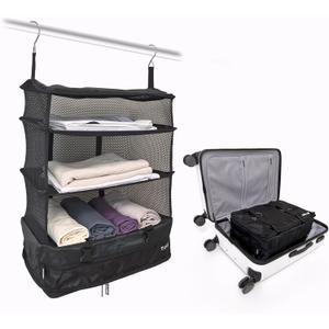 Grand Fusion Stow-N-Go Portable Hanging Travel Shelves, Packing Organizer for Luggage. Carry on Closet for Clothes. Expandable Packing Cube. Travel Essentials. Black - XL