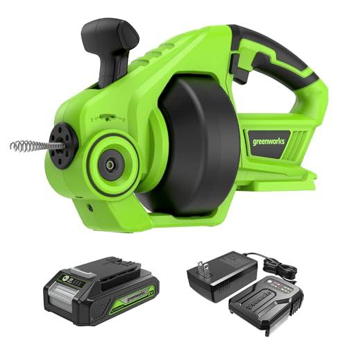 Greenworks 24 Volt Cordless Plumbing Drain Auger for Unclogging Sinks, Shower Drains, Toilets, Includes 2.0Ah Battery and Charger