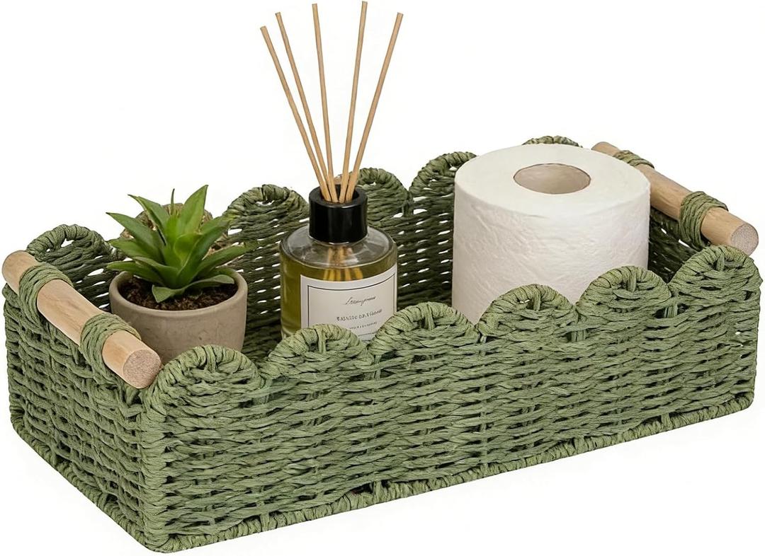 Upgraded Paper Rope Scalloped Edge Toilet Paper Storage Basket, Small Living Room, Bedroom Decor Baskets for Over Toilet Storage Shelf, End Table, Shelves and More, with 2 Wooden Handle (Green)