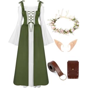 Foaincore Women Renaissance Dress Medieval Fairy Costume with Flower Crown, Belt, Pouch and Elf Ears for Halloween