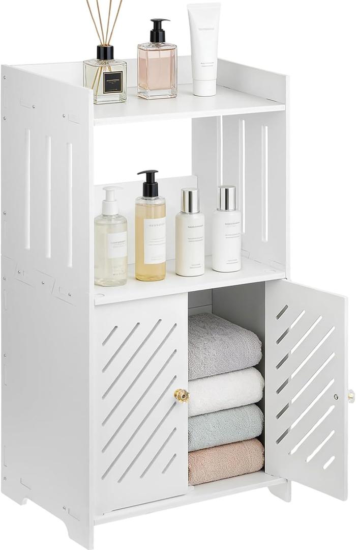 3-Tier Bathroom Storage Cabinet, Bathroom Floor Cabinet with Door and Shelf, Small White Floor Cabinet Freestanding Organizer for Bathroom Living Room Entryway Kitchen Hallway Small Space