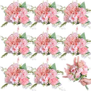 Zeyune 8 Pcs 13.4 Inch Artificial Flowers Bouquet Fake Silk Flowers Faux Bouquet Hydrangea Bouquets for Mother's Day Wedding Birthday Table Centerpieces Home Office Decoration(Pink,Peony)