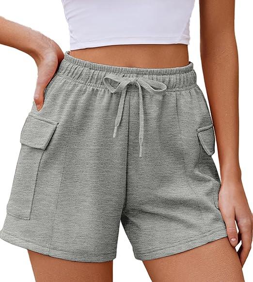 PINSPARK Sweat Shorts Women Baggy Soft Athletic Short Lounge Cargo Shorts High Waisted Drawstring with Pockets L