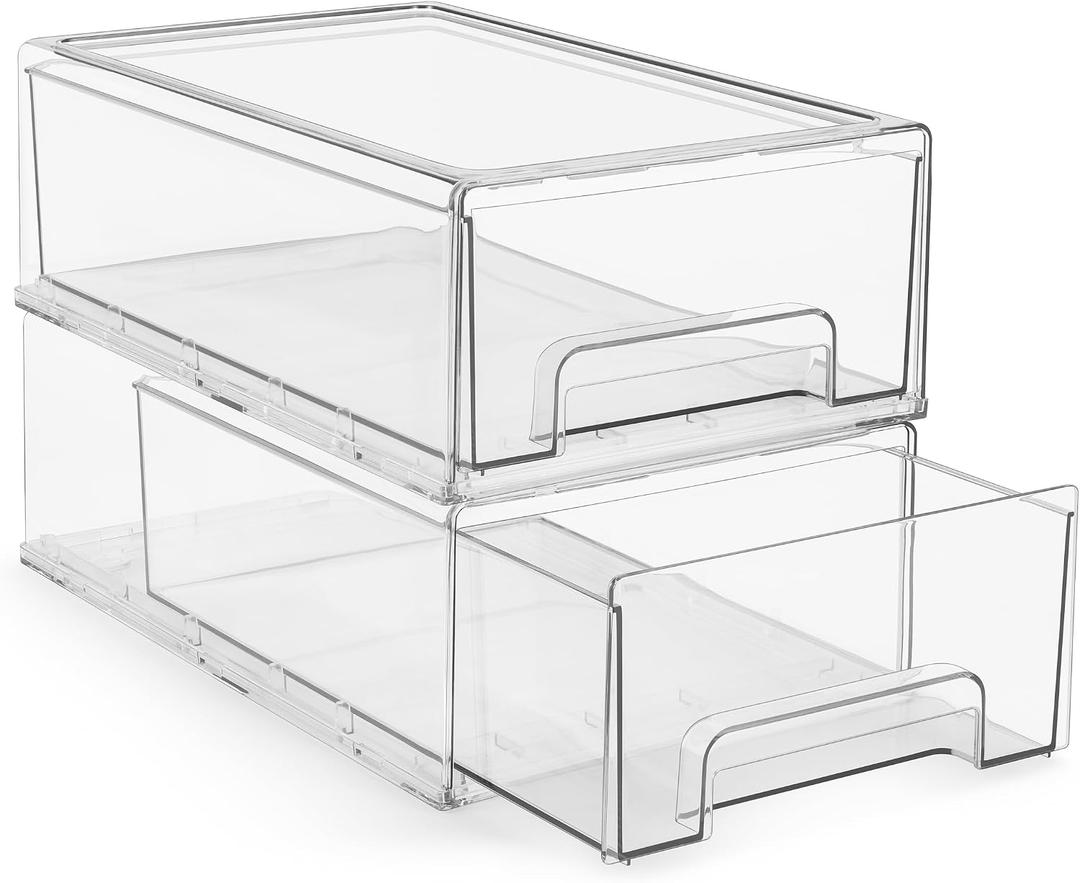 Sorbus Medium Clear Stackable Storage Drawers 2-Pack Plastic Organizer Bins with Handles Stackable Pull-Out Storage Drawers for Closet, Pantry, Office, Bathroom, Craft, and Toy Organization