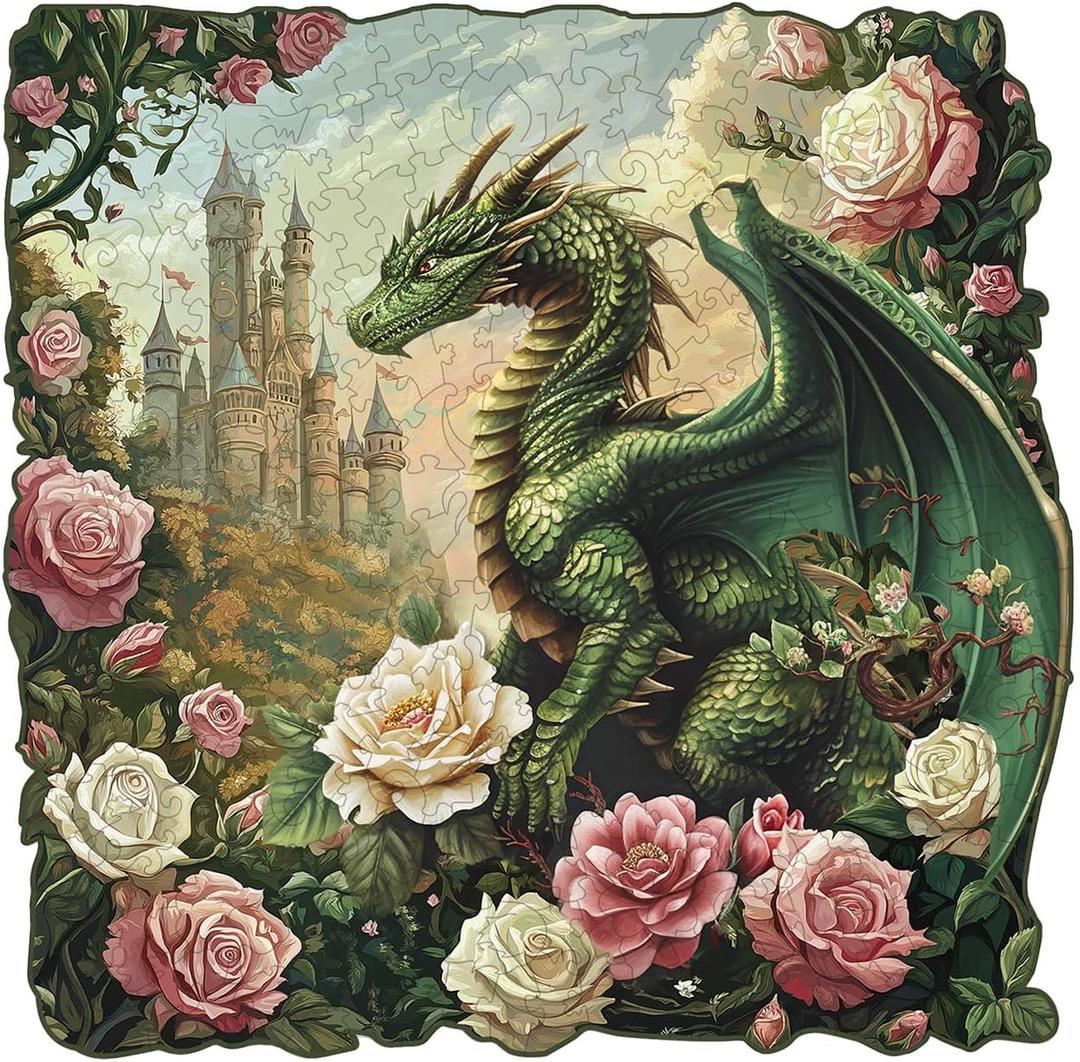 Wooden Puzzles for Adults - Dragon and Flowers Wooden Jigsaw Puzzle, Unique Animal Shaped Wood Puzzles Adult, Christmas Birthday Gifts for Friends/Family, Home Decor 8.3 * 8.4in 100pcs (Small)