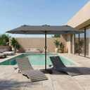 15FT Patio Umbrella with Solar Lights, Double-Sided Extra Large Outdoor Table Umbrella with Base Included, Heavy-Duty 12 Iron Ribs Market Umbrella for Garden, Pool, Backyard, Gray