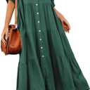 R.Vivimos Women's Summer Cotton Half Sleeves Button Down Casual Loose Slit Midi Dress with Pockets, XL