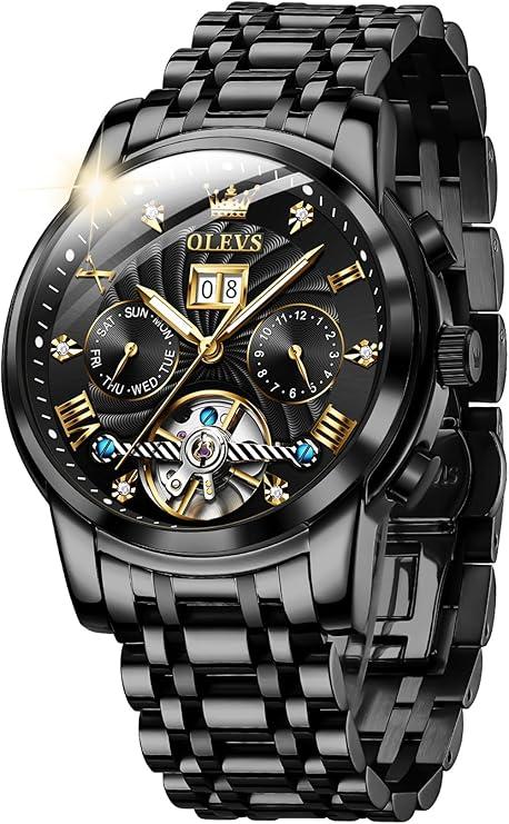 OLEVS Men Automatic Watch Skeleton 5 Hands Mechanical Classic Luxury Multi Calendar Stainless Steel Waterproof Wrist Watch for Men