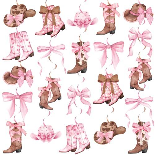 Funrous 22 Pcs Coquette Cowgirl Party Decorations Pink Western Cowgirl Hanging Swirls Boots and Bows Hanging Streamers Decorations for Rodeo Bachelorette Party Decor Baby Shower Birthday Supplies