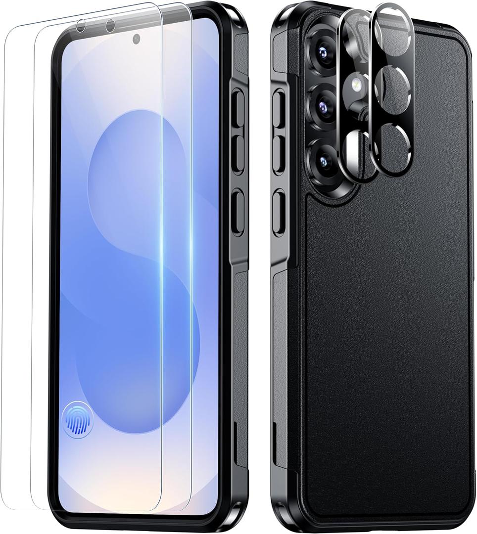 SPIDERCASE Designed for Samsung Galaxy S25 Case, [10 FT Military Grade Drop Protection], 2 Pack [Tempered Glass Screen Protector+Camera Lens Protector] Heavy Duty Shockproof Case, Black
