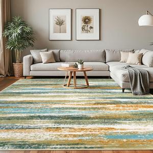 Modern Abstract 8x10 Large Machine Washable Living Room Rug Non-Slip Soft Bedroom Area Rug Green Mustard Multi Ultra Thin Print Faux Wool Carpet Throw Rugs for Playroom Dining Room Indoor