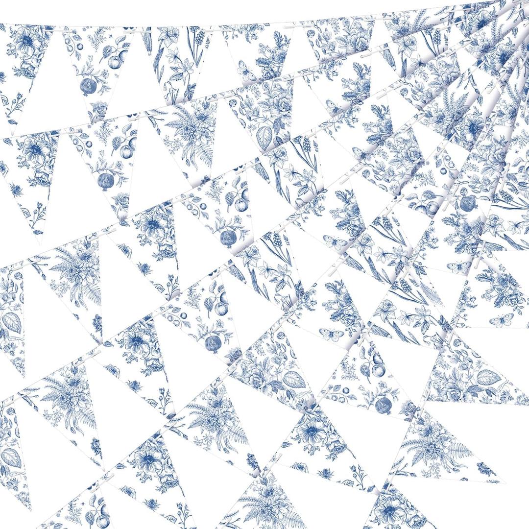 5 Pieces Blue White Vintage Floral Paper Pennant Garland Wedding Garland Triangle Banner for Wedding Bridal Shower Outdoor Decoration