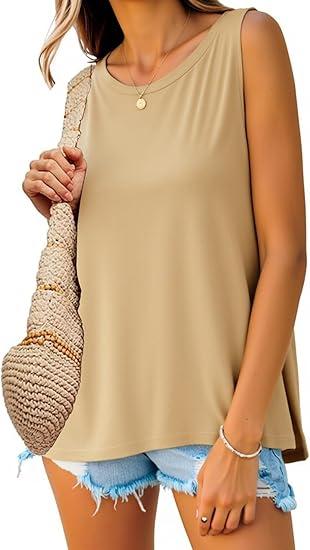 Imily Bela Womens Loose Fit Casual Flowy Tank Tops Crewneck Trendy Sleeveless Side Split Summer Tops Clothes Outfits 2025, Size: L