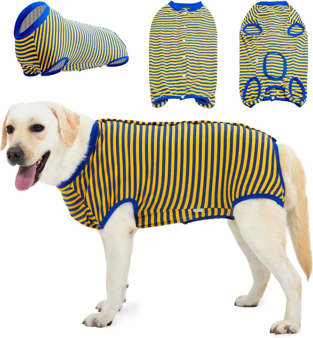 LovinPet Dog Recovery Suit for Large Medium Dogs - Wound Protective Surgical Recovery Bodysuit for Abdominal Wounds After Surgery Anti-Licking Dog Onesies, Short Legs, XXL (Blue collar/Yellow)
