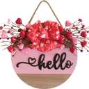 Valentine's Day Wooden Wreaths Sign with Artificial Berry Decoration, Hearts and Buffalo Bow Farmhouse Entrance Outdoor Art Wall Decor