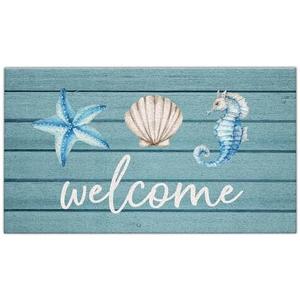 Jvpke Beach Welcome Mat for Front Door, Beach Door Mat, Starfish Seashell Seahorse Beachy Door Mats Indoor Outdoor Entrance Porch, Ocean Beachy Baths Mats for Bathroom, 17x30 Inches