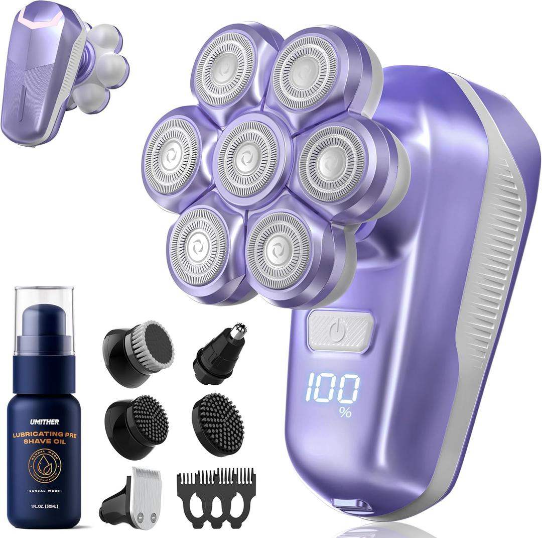 Electric Shaver for Women, Electric Razor with 7D Magnetic Shaver Heads, Wet Dry Waterproof Bald Head Trimmer Kit for Women & Men, Nose Ear Hair Trimmer, USB Rechargeable Clippers, Purple