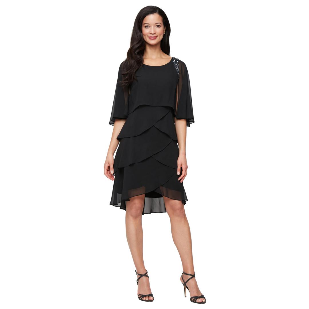 S.L. Fashions Women's Tiered Chiffon Cocktail Party Dress with Attached Cape & Beaded Shoulders (Petite and Regular Sizes), Black, 12P