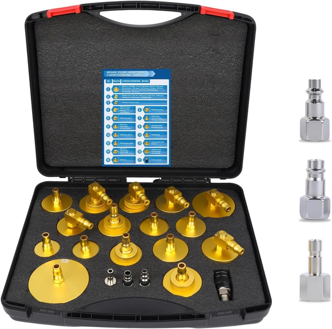 17Pcs Master Cylinder Brake Bleeder Adapter Kit, Aluminum Brake Pressure Bleeding Kit Tool Compatible with VW BMW Toyota Honda Nissan Most Vehicles with Quick Connector