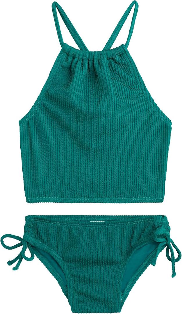 Kanu Surf Girls Daisy UPF 50 Beach Sport Halter Tankini 2-Piece Swimsuit (Popcorn Solid Green)