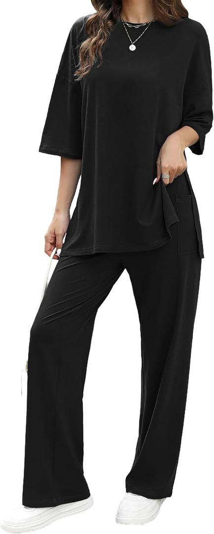 Cnlinkco Womens 2 Piece Outfits Short Sleeve Set Wide Leg Pants Casual Trendy Pullover Lounge Set (XL, 01 Black)