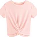 JINKESI Women's Summer Causal Short Sleeve Blouse Round Neck Crop Tops Twist Front Tee T-Shirt (Medium, A8 Light Pink)