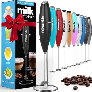 PowerLix Powerful Handheld Milk Frother With Stand Battery Operated Foam Maker Frother Wand For Coffee, Black