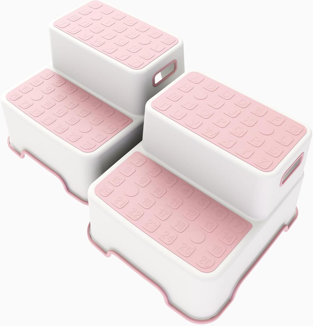 Toddler Step Stool for Bathroom Sink, 2 Pack Step Stool for Kids, Plastic Potty Training Toilet Stepping Stools, Child and Baby Lightweight & No-Slip Two Step Stools for Kitchen - Pink