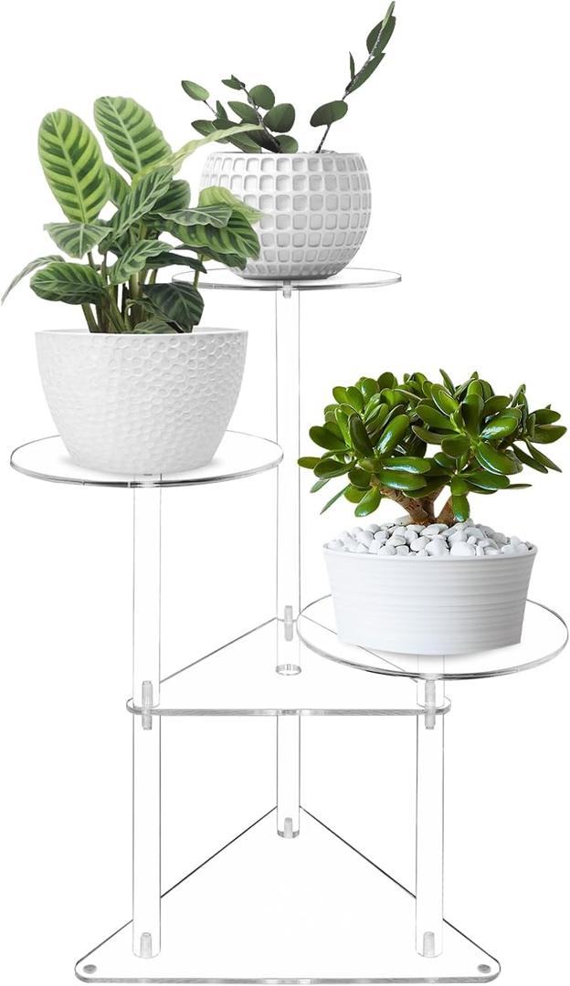 Acrylic Plant Stand 3 Tier Clear Corner Flower Display Holder Indoor Plant Shelf Outdoor Tiered Plants Rack Modern Shelves for Living Room Garden Patio Balcony Window (Round)