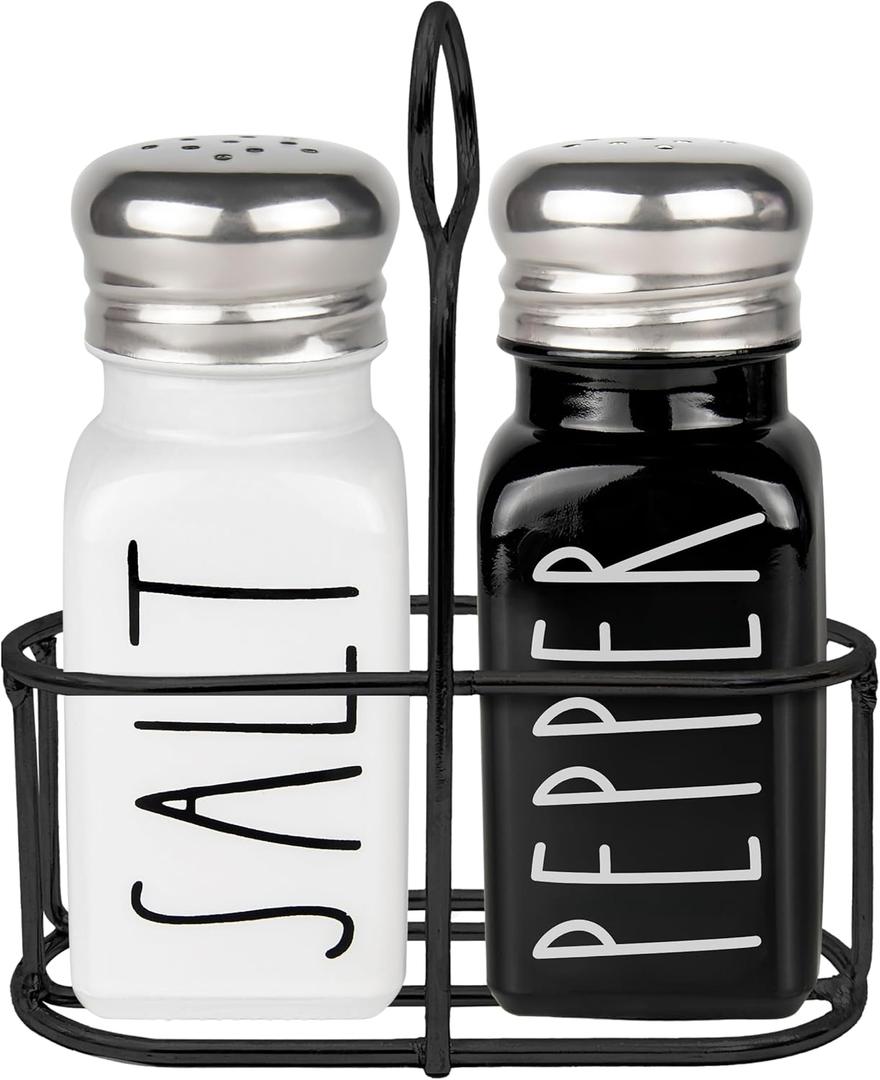 Salt and Pepper Shakers Set with Holder by Brighter Barns - Cute Modern Farmhouse Kitchen Decor, Table Decor - Vintage Glass Black White Shaker Set with Caddy and Stainless Steel Lids (Black/White)