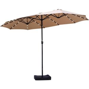 15ft Double Sided Patio Umbrella with Solar Lights, Outdoor Large Umbrellas with Crank Handle and 36 LED Lights, Rectangular Market Umbrella with Base Included for Deck Pool Shade (With Base) (Begie)