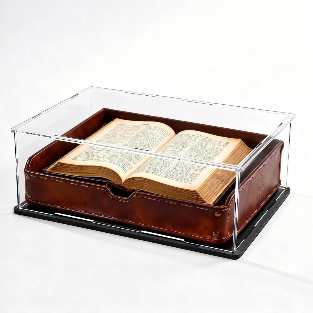 Acrylic Display Case, Clear Acrylic Display Box with Matte Base, Dustproof Collectible Showcase for Books, Stamps, Medals, Maps, Albums and Jewelries, 13x 13 x 5 inch