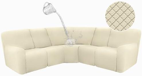 ALIECOM 100% Waterproof Sectional Recliner Couch Covers L Shape Sofa Cover Jacquard Stretch 5-Piece Corner Couch Cover for Reclining Sectional Slipcover Furniture Protector (5 Seat, Beige)