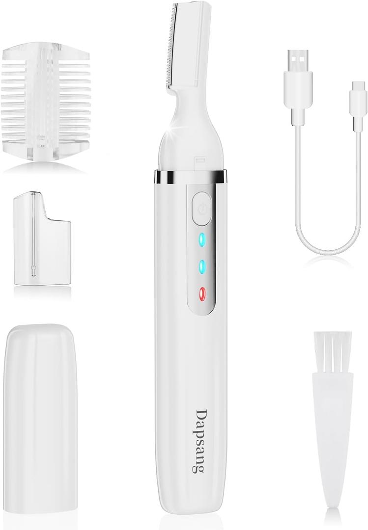 Eyebrow Trimmer, Electric Eyebrow Razor for Women Men, Rechargeable Painless LED Light Facial Hair Shaver Remover with Rinseable Blade for Face Lips Neck Leg (White)